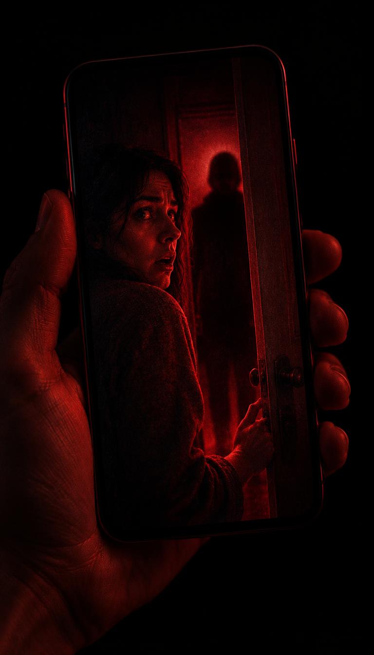 A phone screen freezes on a cliffhanger as a woman opens a door to a shadowy figure