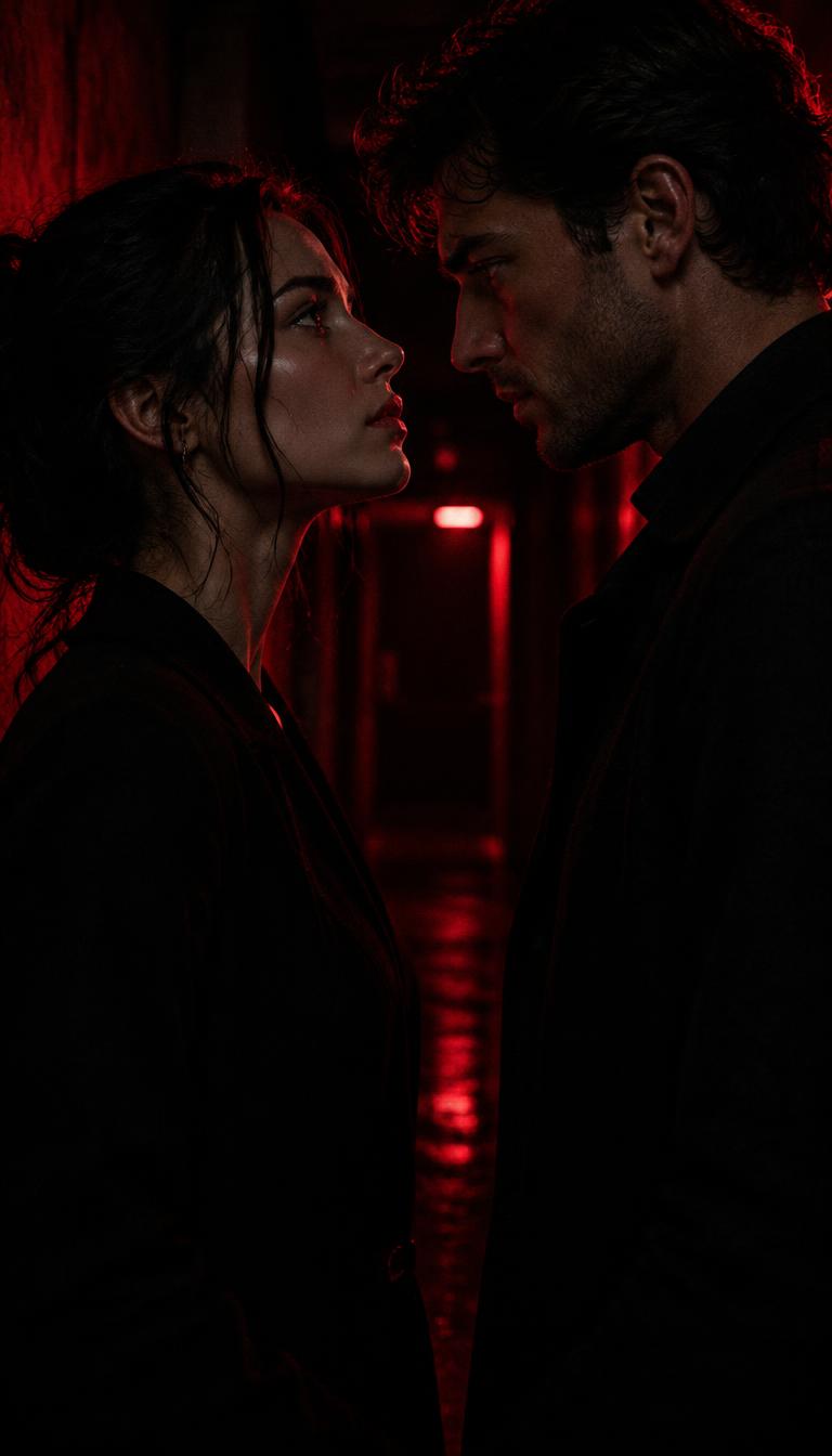 Two characters face each other in tense silence, framed for a vertical phone screen